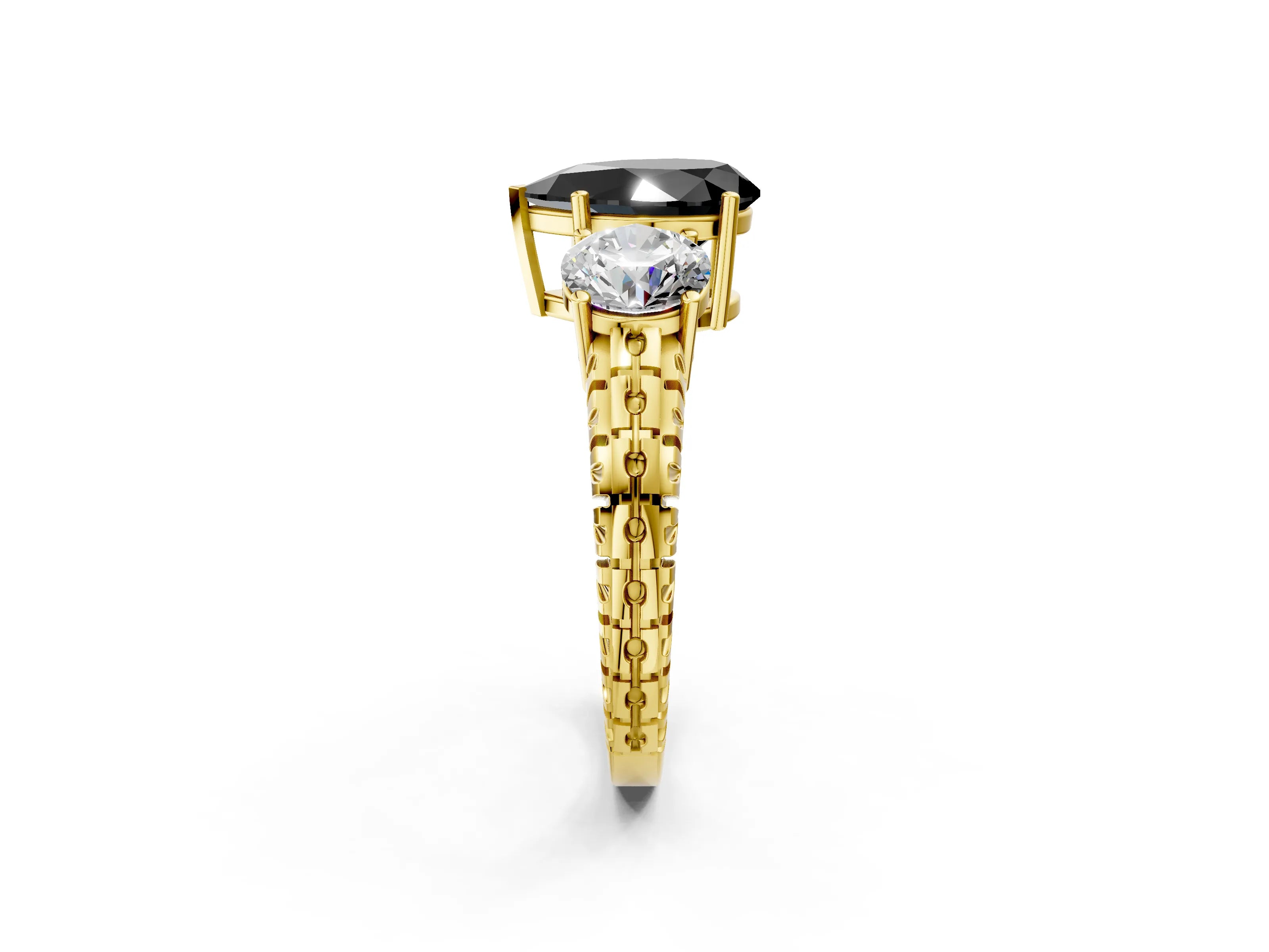 Yellow gold Three-Stone Fancy Black Pear Cut Cut Diamond Ring with Channel-Set Band and Prong Setting_2