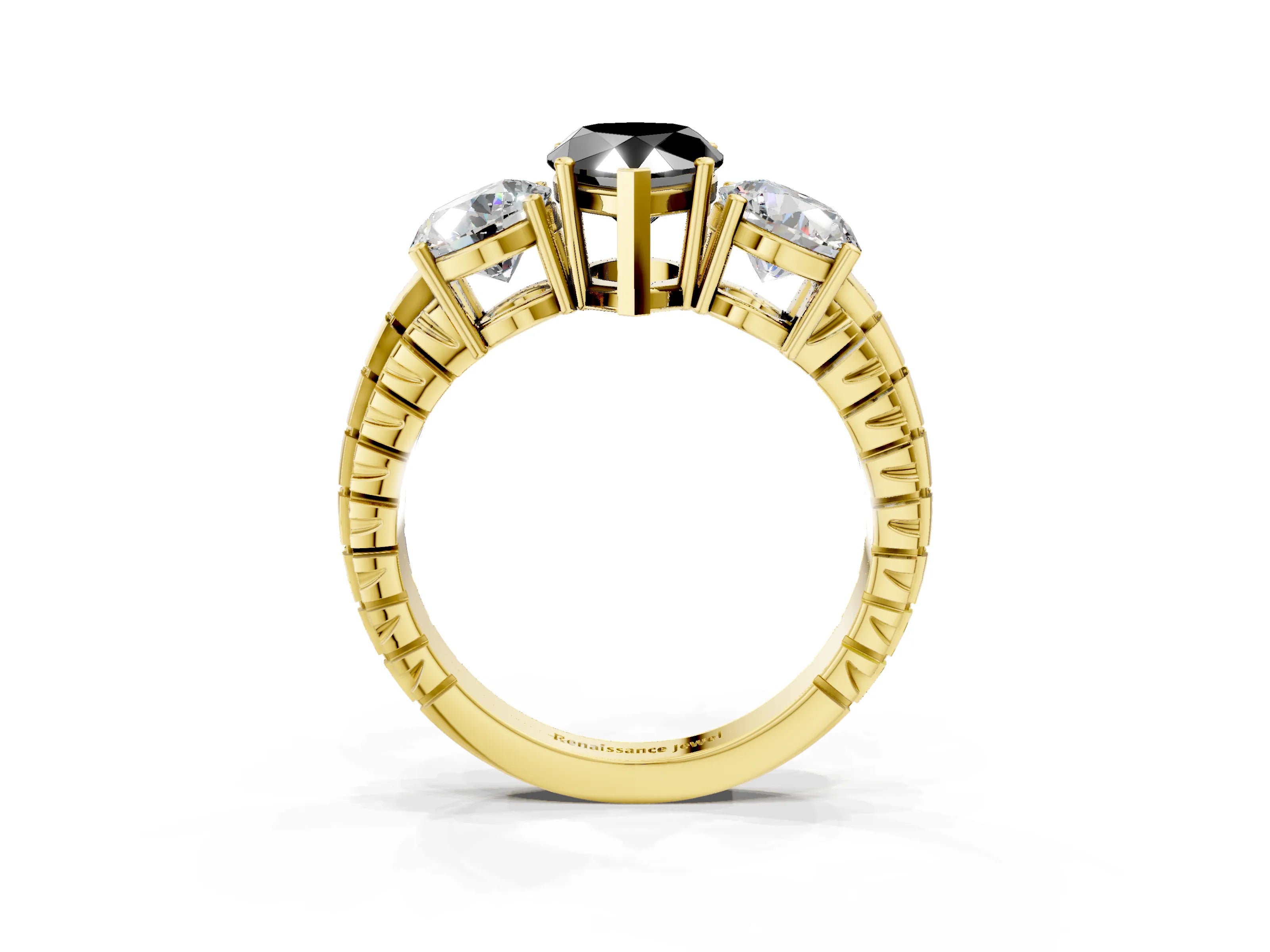 Yellow gold Three-Stone Fancy Black Pear Cut Cut Diamond Ring with Channel-Set Band and Prong Setting_3
