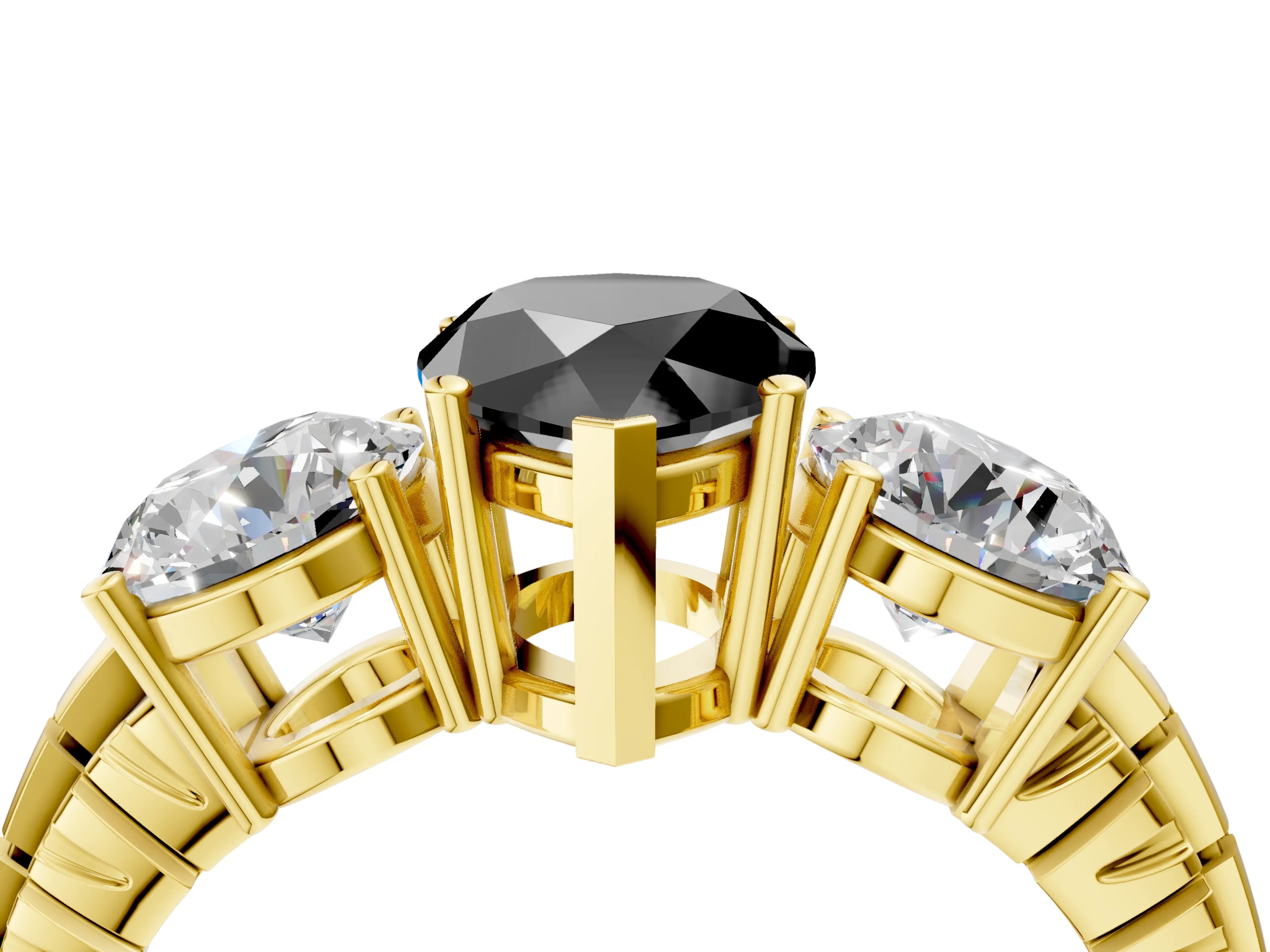 Yellow gold Three-Stone Fancy Black Pear Cut Cut Diamond Ring with Channel-Set Band and Prong Setting_4