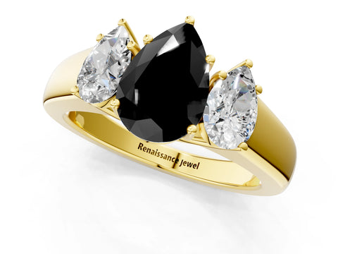 Yellow gold Three-Stone Fancy Black Pear Cut Cut Diamond Ring with Prong Setting and Classic Band_1
