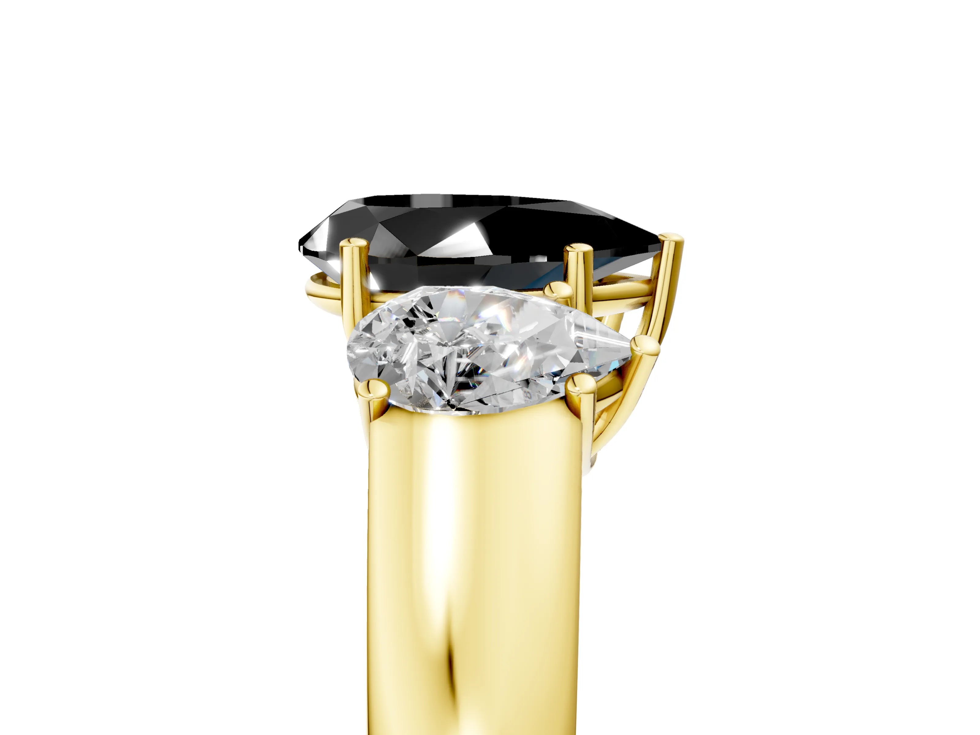 Yellow gold Three-Stone Fancy Black Pear Cut Cut Diamond Ring with Prong Setting and Classic Band_5