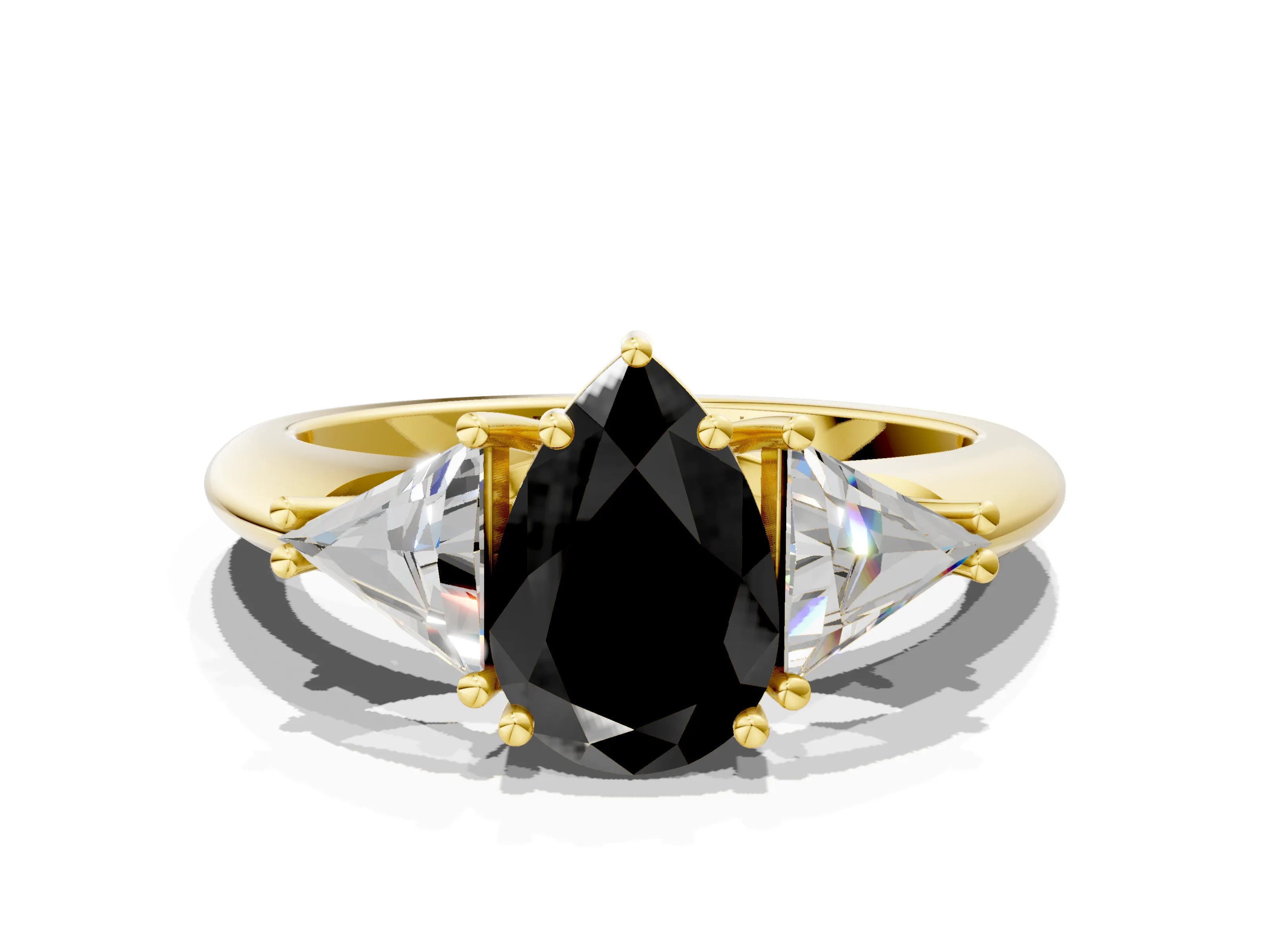 Yellow gold Three-Stone Fancy Black Pear Cut Cut Diamond Ring with Trillion Side Stones and Four-Prong Setting_3