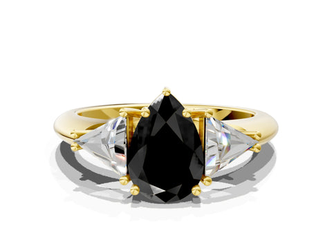 Yellow gold Three-Stone Fancy Black Pear Cut Cut Diamond Ring with Trillion Side Stones and Four-Prong Setting_3