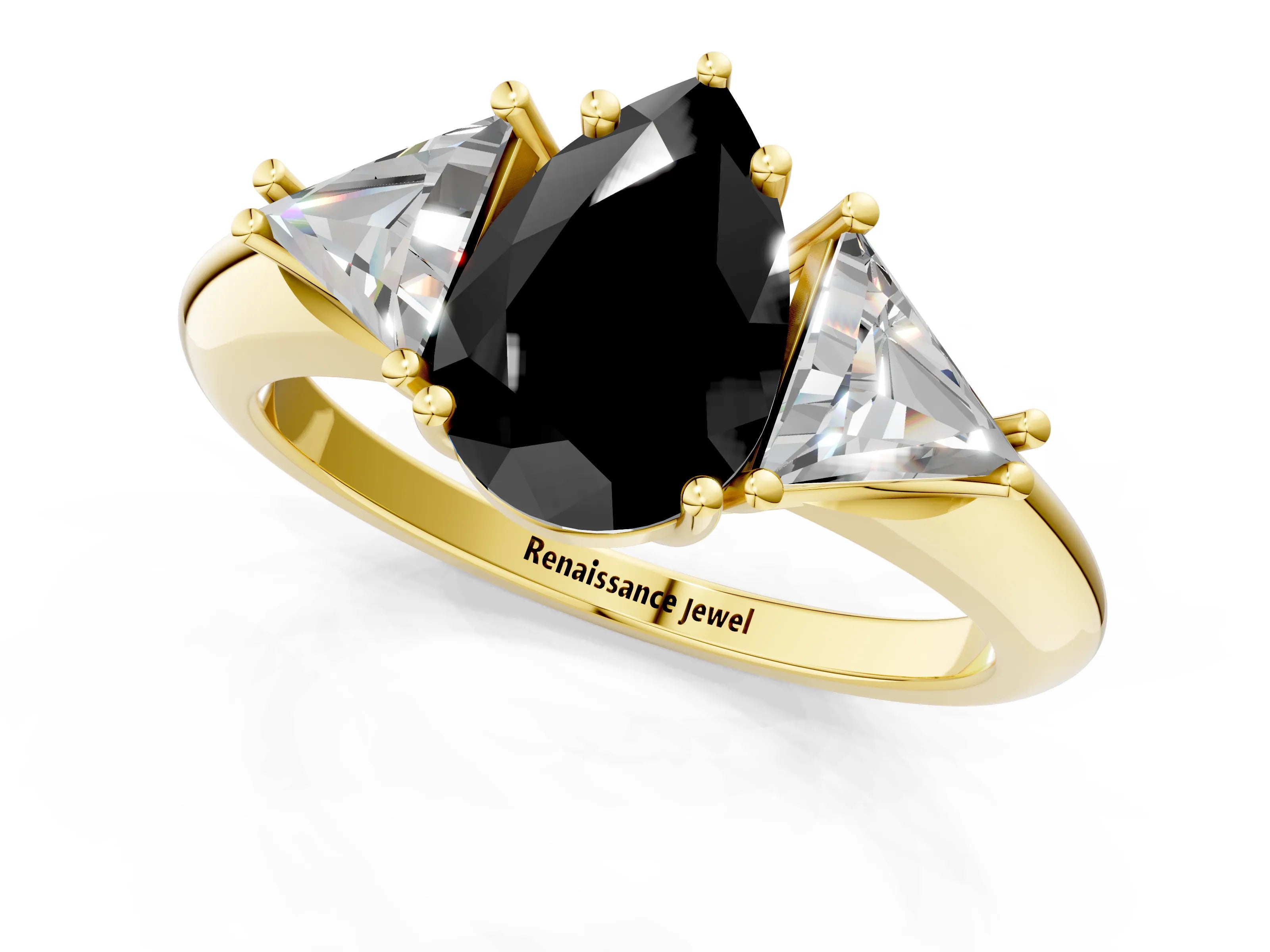 Yellow gold Three-Stone Fancy Black Pear Cut Cut Diamond Ring with Trillion Side Stones and Four-Prong Setting_4