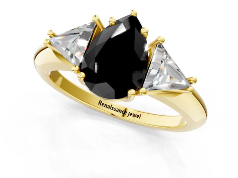 Yellow gold Three-Stone Fancy Black Pear Cut Cut Diamond Ring with Trillion Side Stones and Four-Prong Setting_4