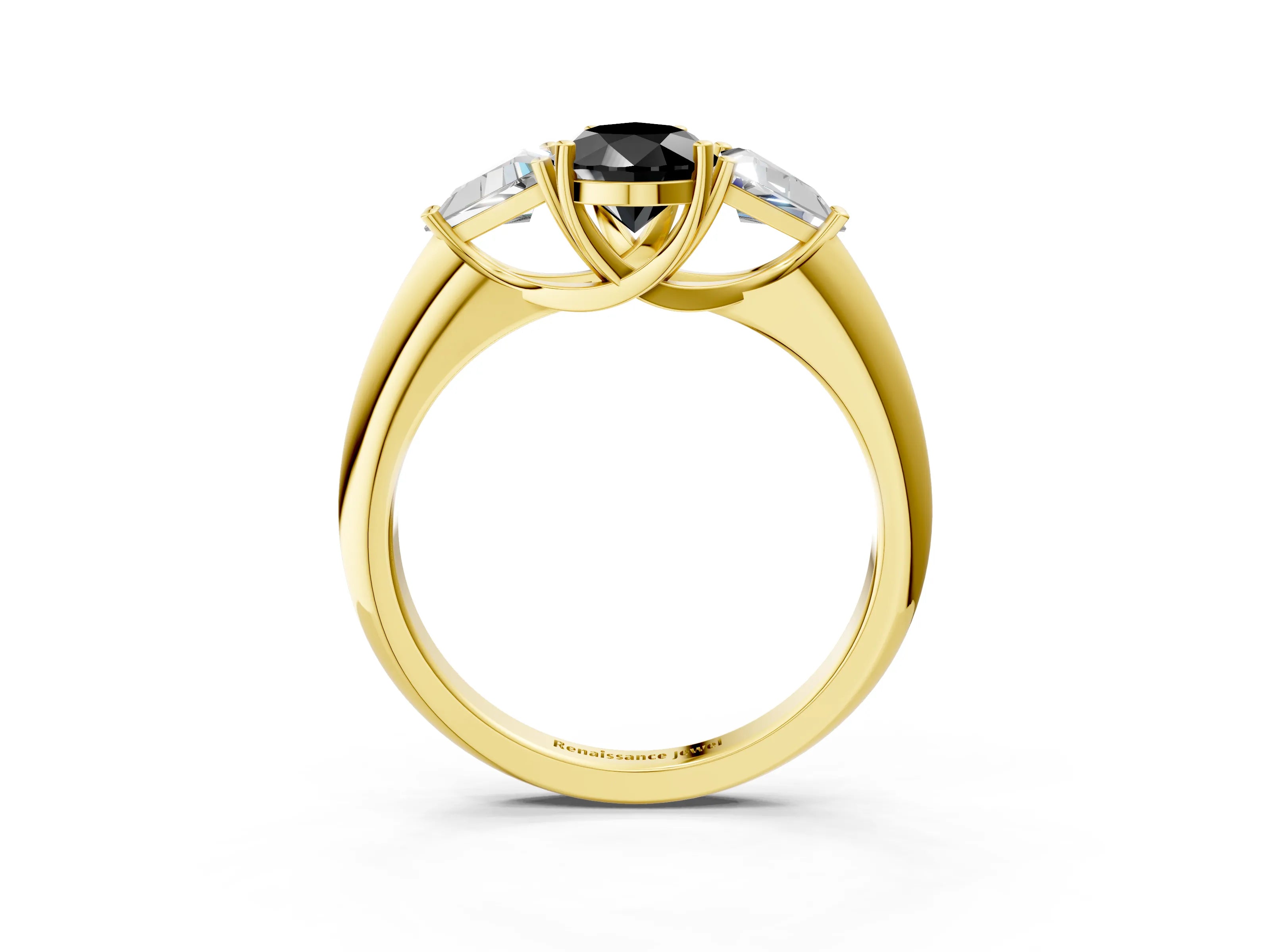 Yellow gold Three-Stone Fancy Black Pear Cut Cut Diamond Ring with Trillion Side Stones and Four-Prong Setting_6