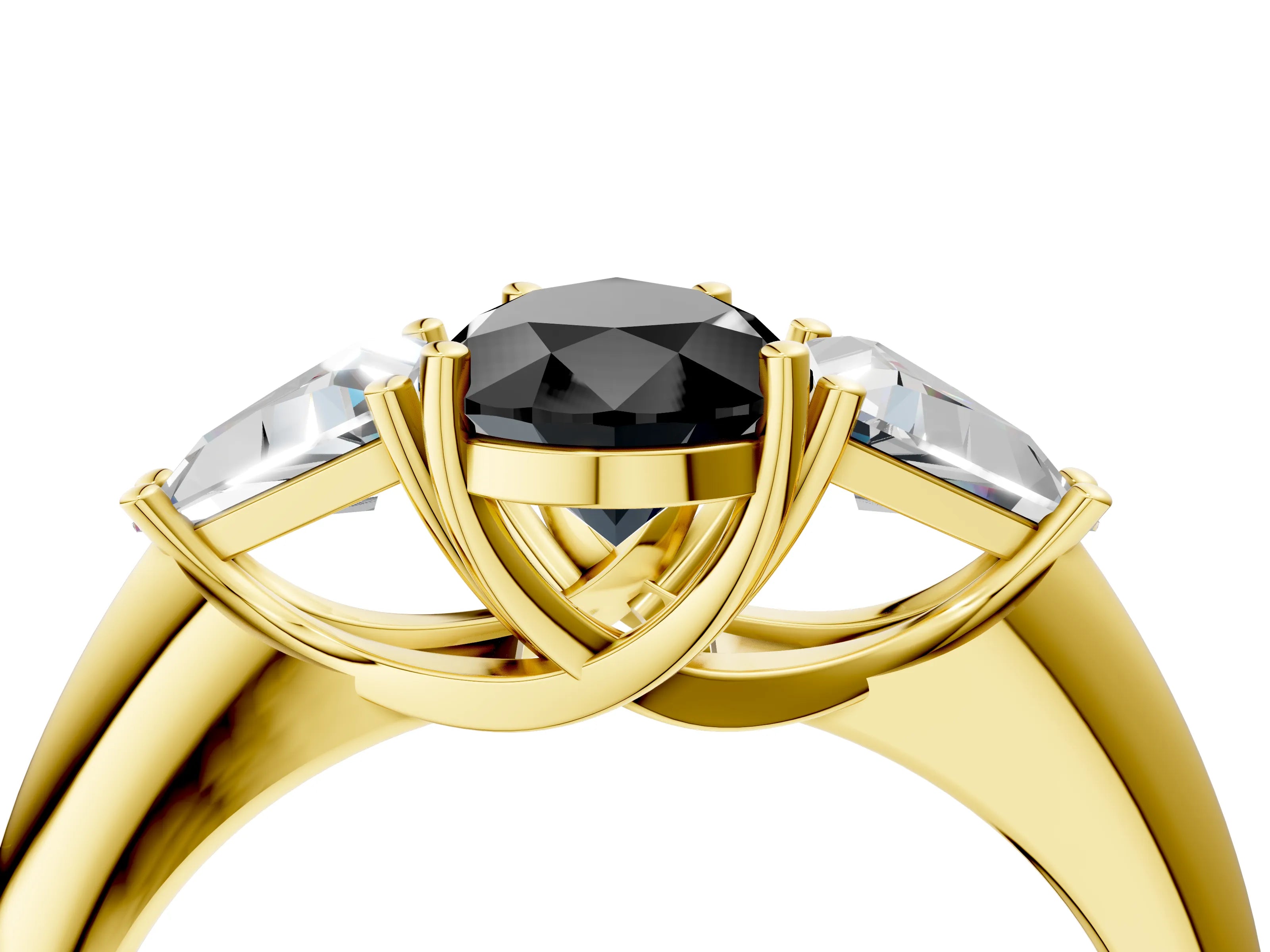 Yellow gold Three-Stone Fancy Black Pear Cut Cut Diamond Ring with Trillion Side Stones and Four-Prong Setting_7