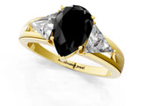 Yellow gold Three-Stone Fancy Black Pear Cut Cut Diamond Ring with Trillion Side Stones on a Split Shank Band_1