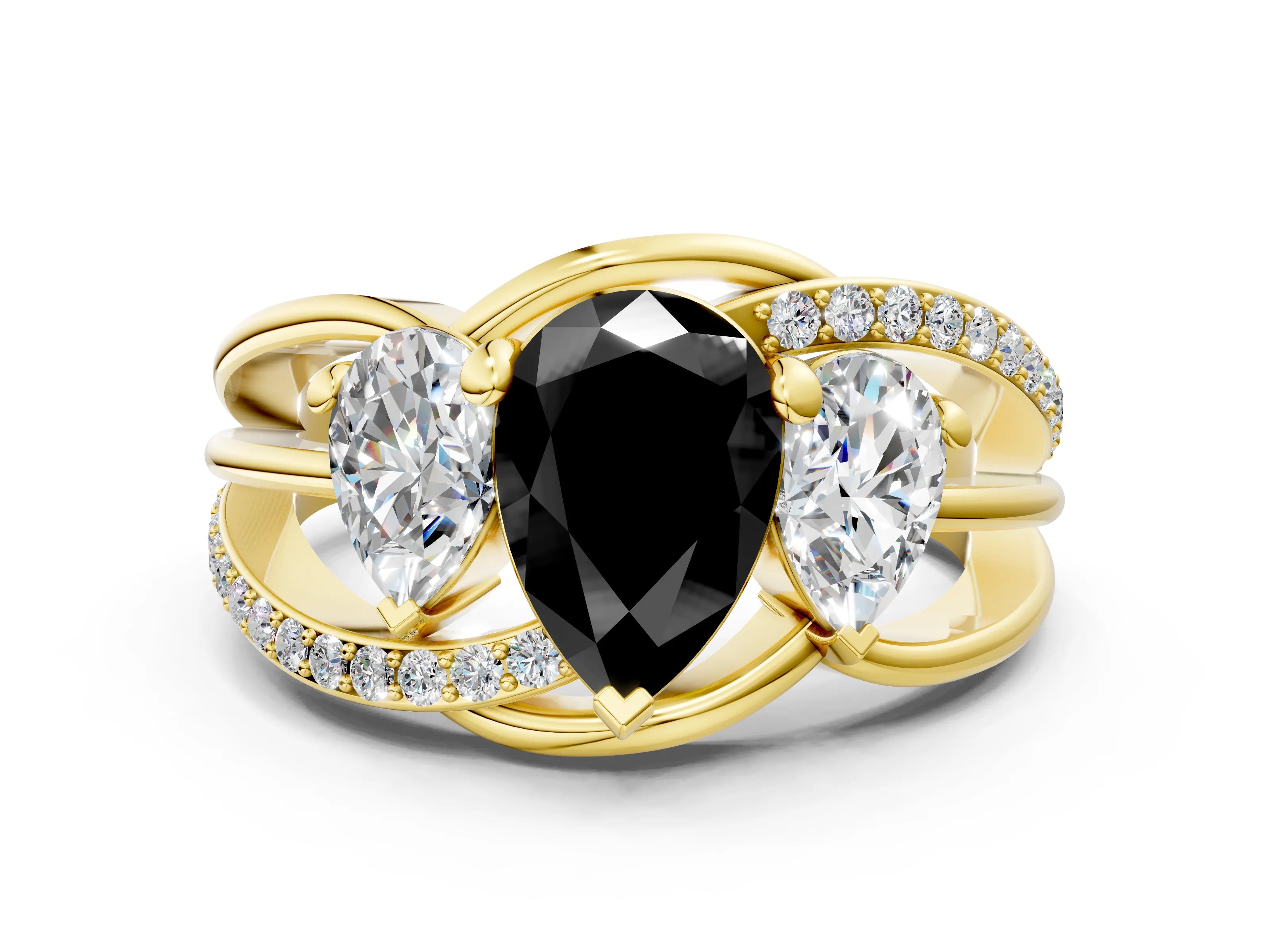 Yellow gold Three-Stone Fancy Black Pear Cut Cut Diamond Split Shank Prong Set Ring