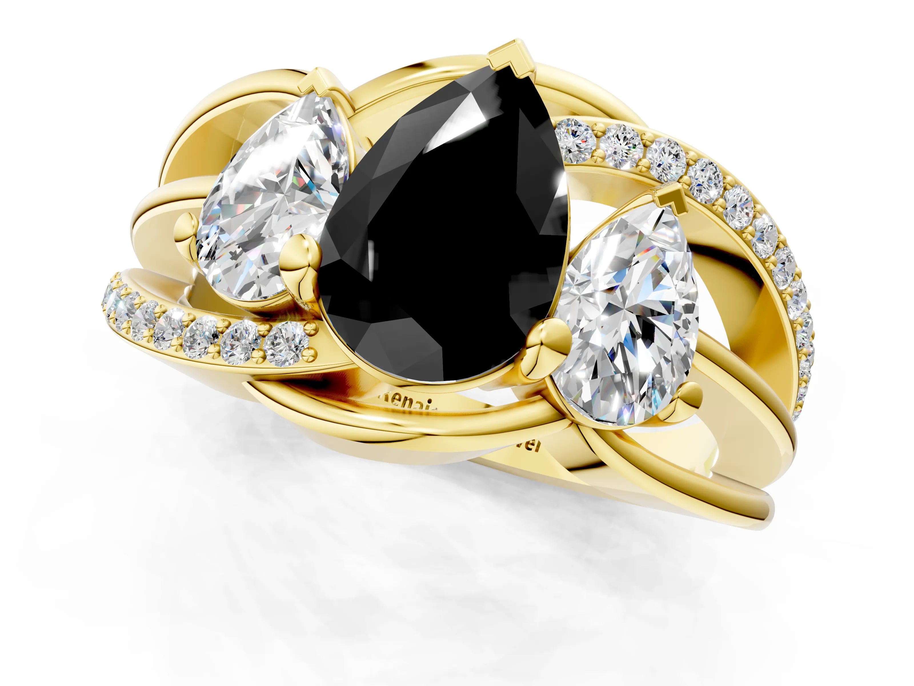 Yellow gold Three-Stone Fancy Black Pear Cut Cut Diamond Split Shank Prong Set Ring_1