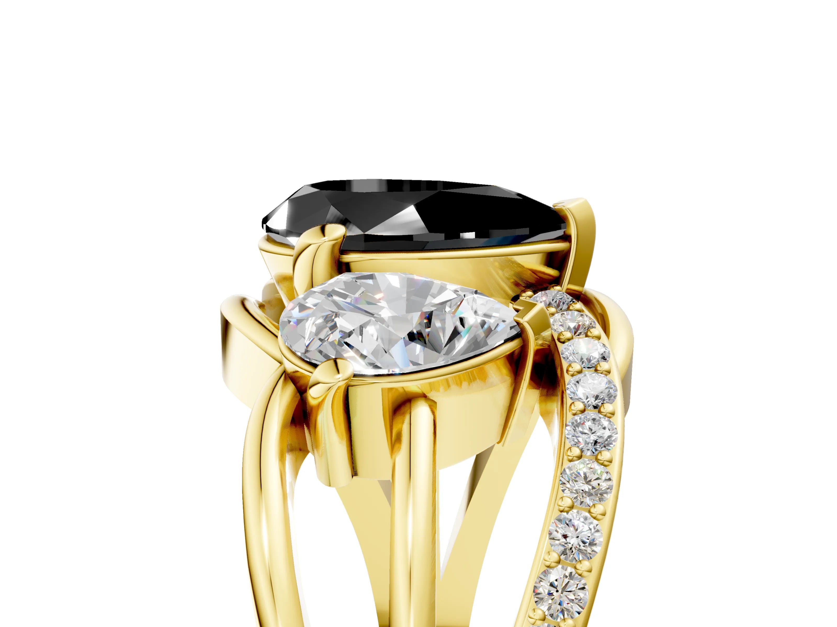 Yellow gold Three-Stone Fancy Black Pear Cut Cut Diamond Split Shank Prong Set Ring_5