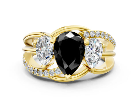 Yellow gold Three-Stone Fancy Black Pear Cut Cut Diamond Split Shank Prong Set Ring
