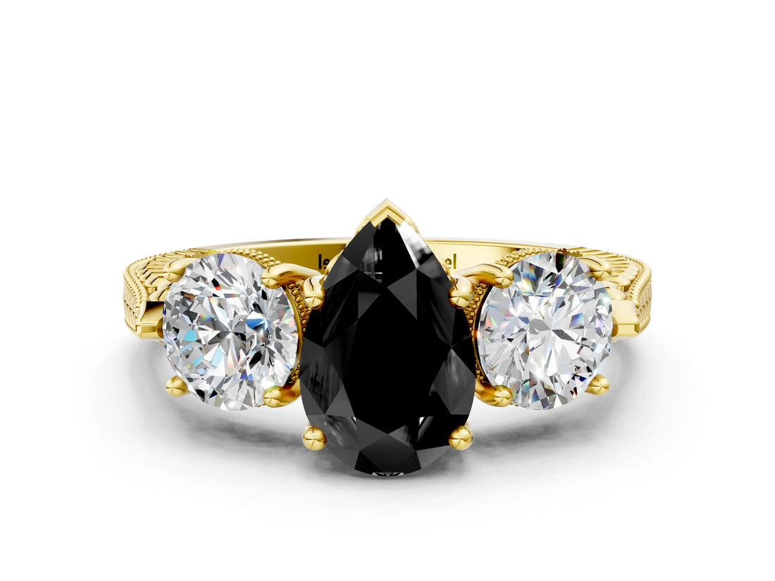 Yellow gold Three-Stone Fancy Black Pear Cut Cut Milgrain Band Prong Setting Ring