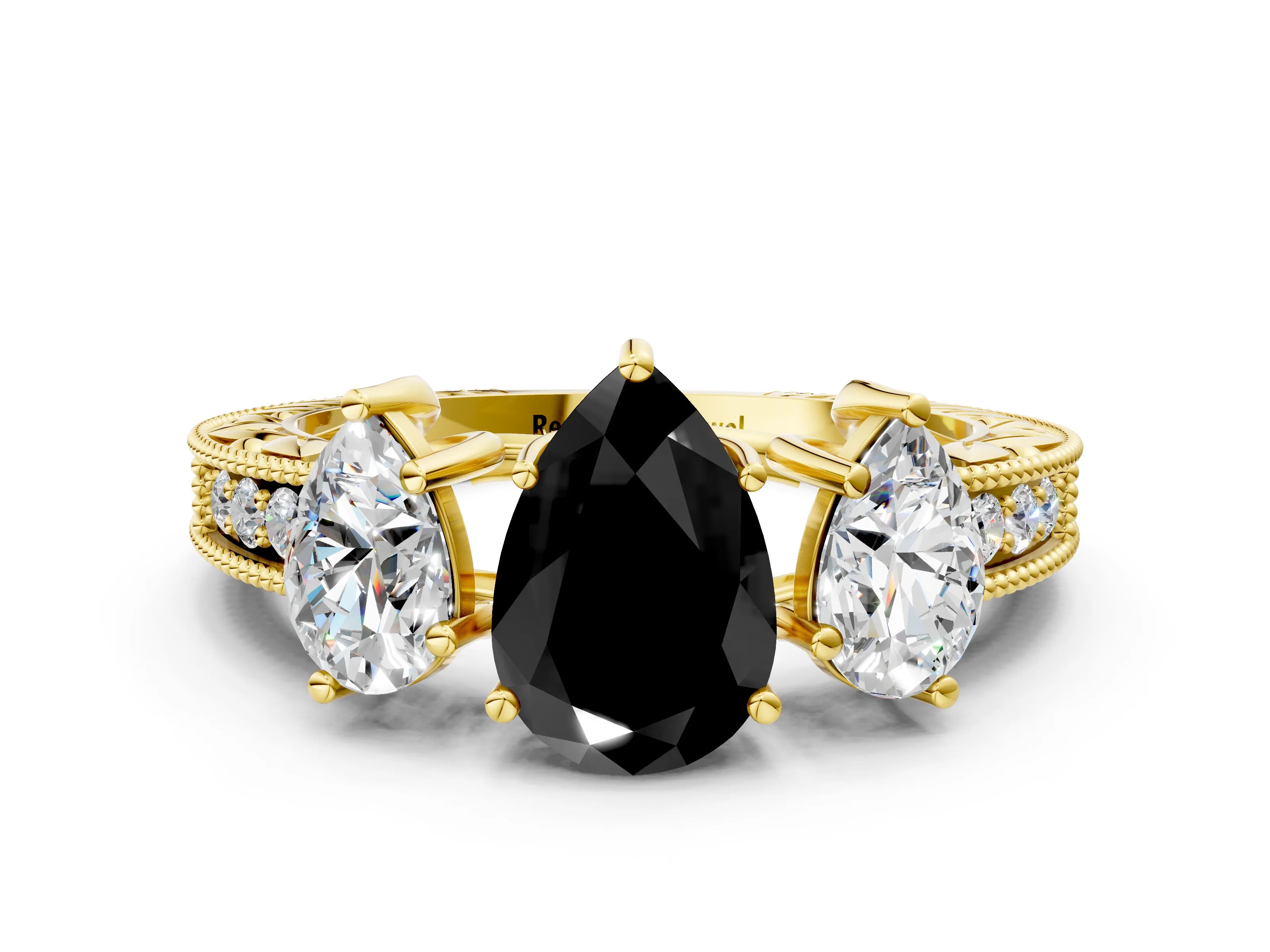 Yellow gold Three-Stone Fancy Black Pear Cut Cut Milgrain Pavé Engagement Ring