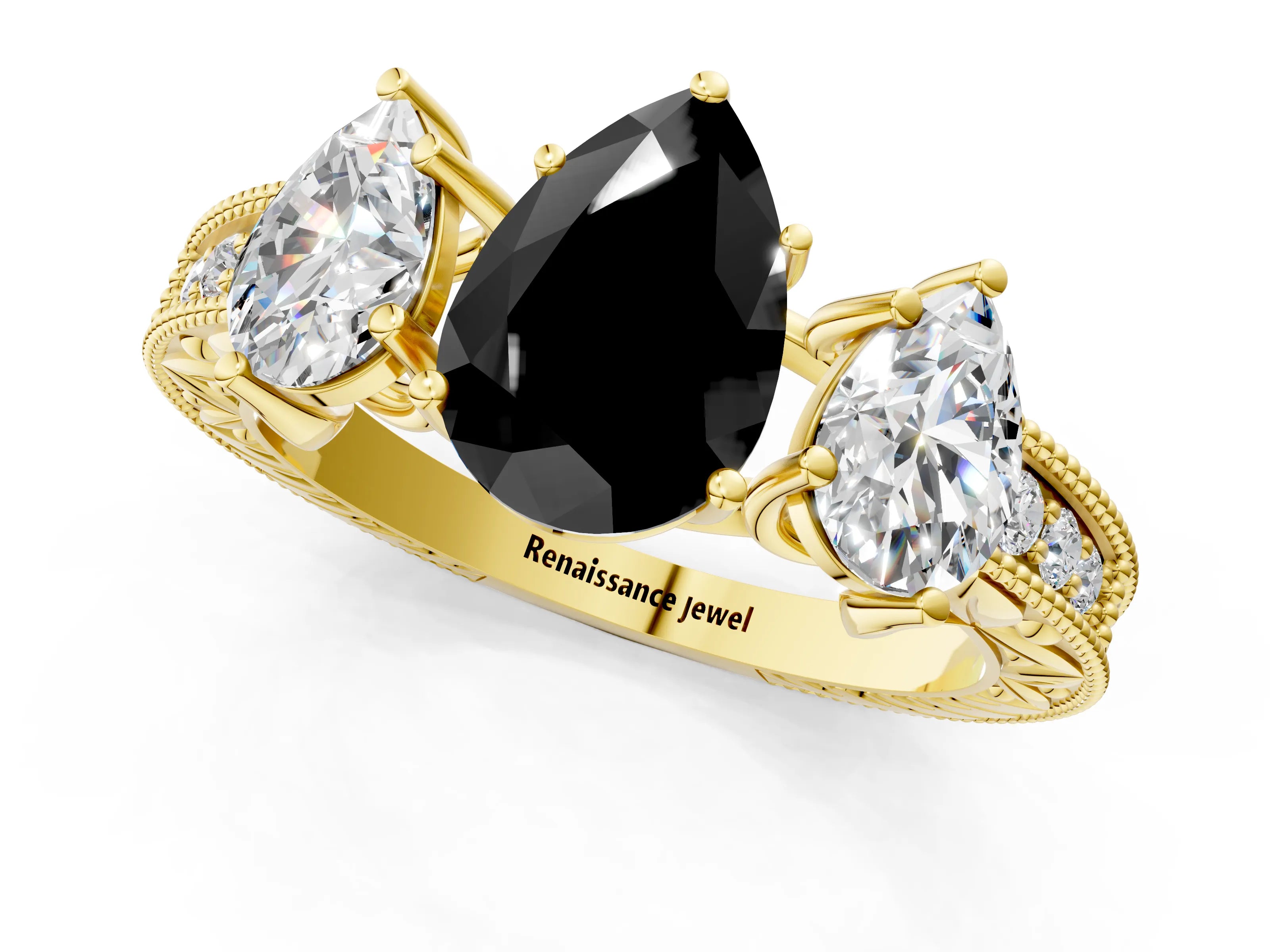 Yellow gold Three-Stone Fancy Black Pear Cut Cut Milgrain Pavé Engagement Ring_1