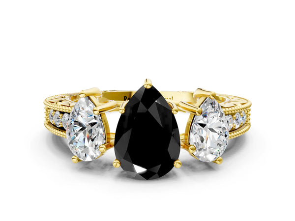 Yellow Gold Pear-Shaped Engraved Three Stone Engagement Ring Setting for Black Center