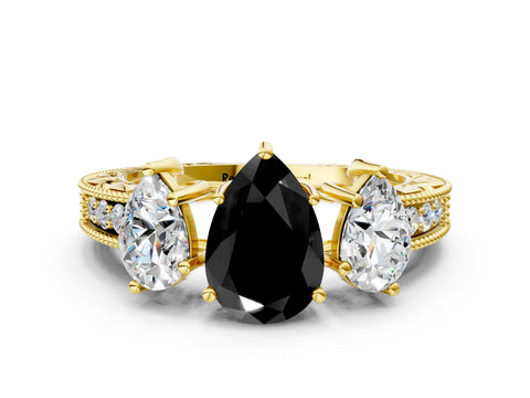 Yellow gold Three-Stone Fancy Black Pear Cut Cut Milgrain Pavé Engagement Ring_12