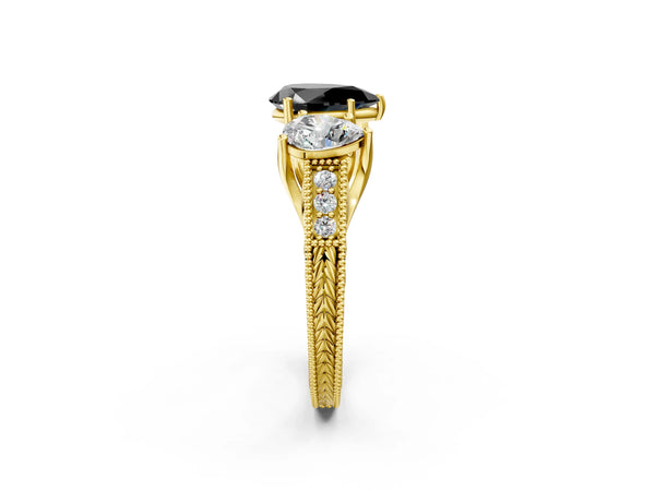 Yellow Gold Pear-Shaped Engraved Three Stone Engagement Ring Setting for Black Center