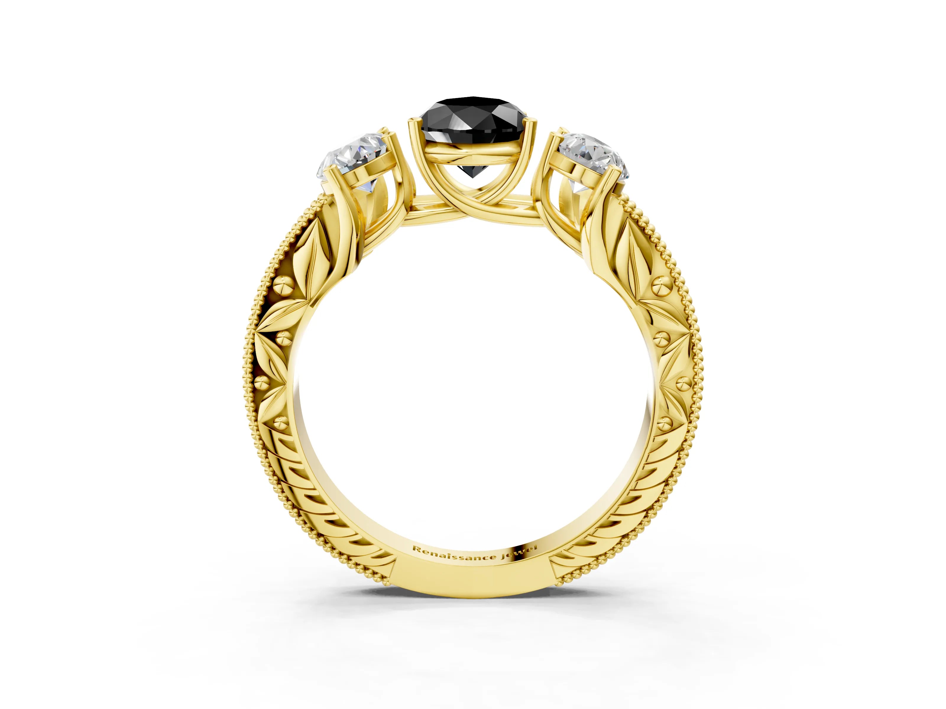 Yellow gold Three-Stone Fancy Black Pear Cut Cut Milgrain Pavé Engagement Ring_15
