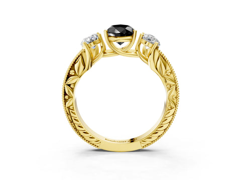 Yellow gold Three-Stone Fancy Black Pear Cut Cut Milgrain Pavé Engagement Ring_15
