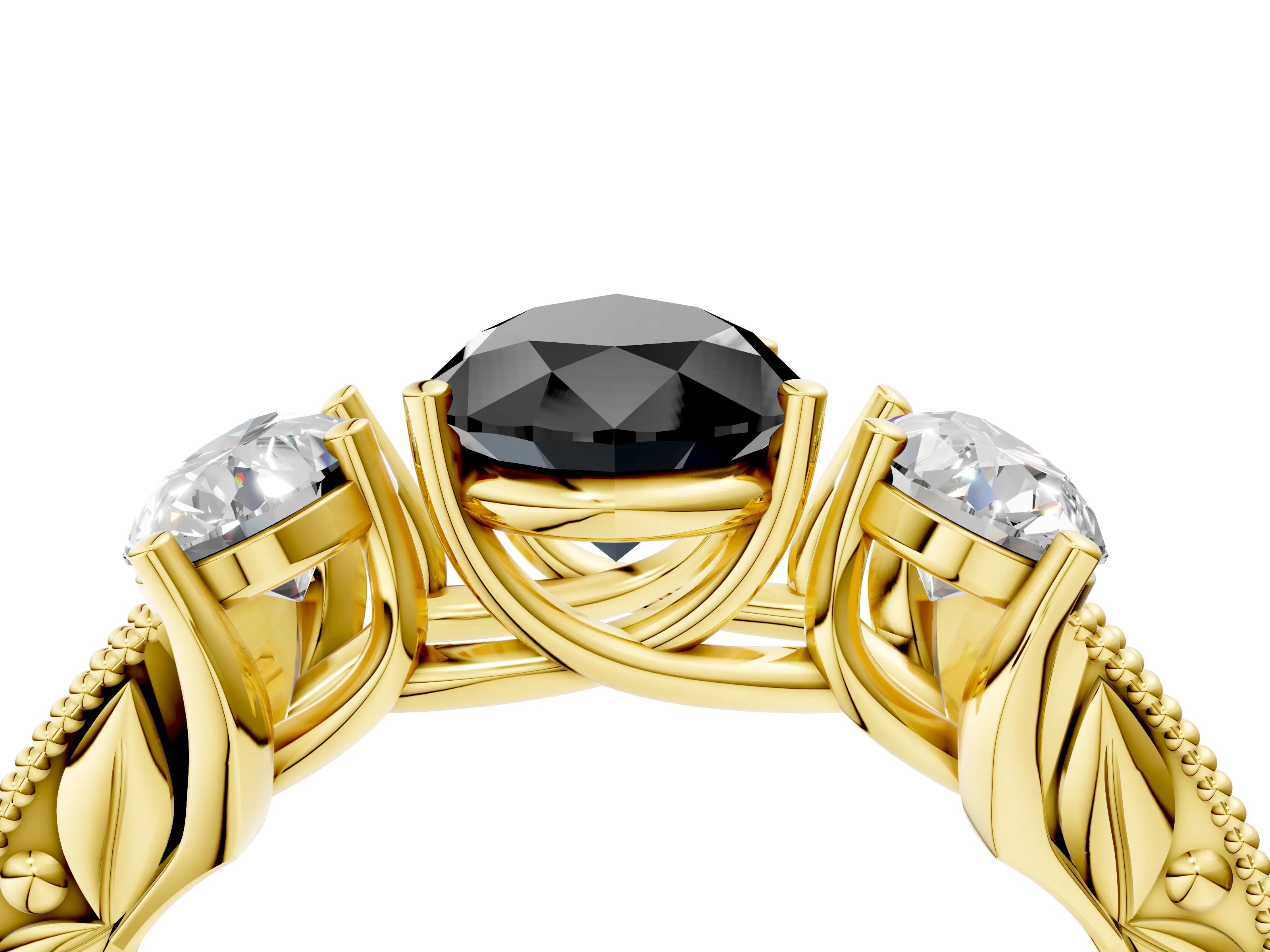 Yellow gold Three-Stone Fancy Black Pear Cut Cut Milgrain Pavé Engagement Ring_16