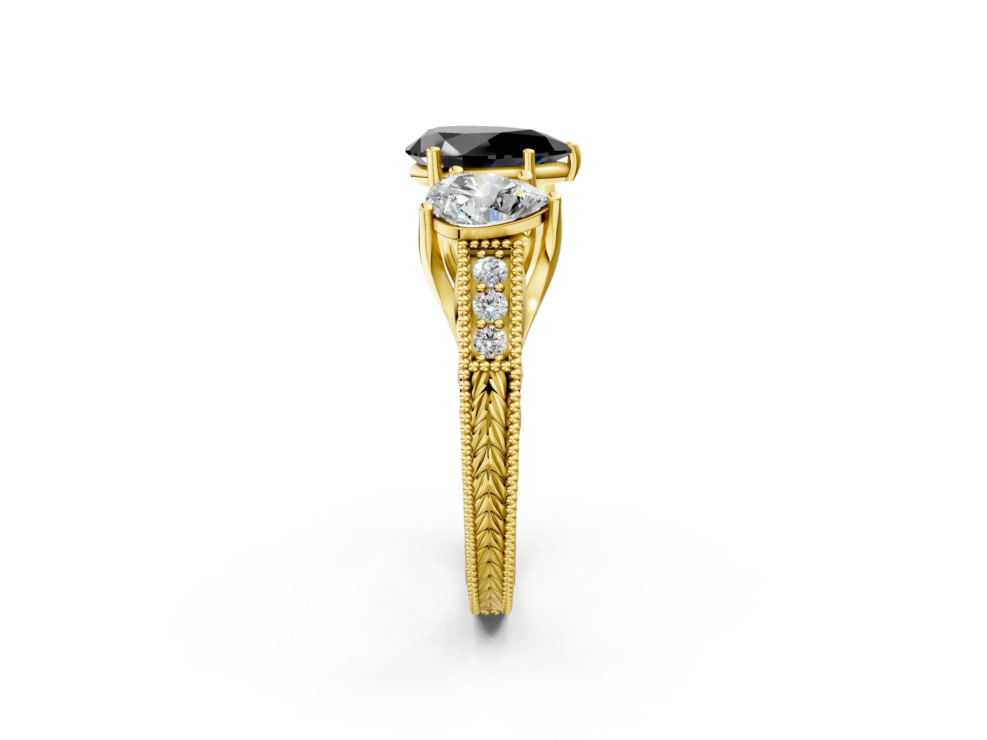 Yellow gold Three-Stone Fancy Black Pear Cut Cut Milgrain Pavé Engagement Ring_2