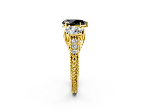 Yellow gold Three-Stone Fancy Black Pear Cut Cut Milgrain Pavé Engagement Ring_2