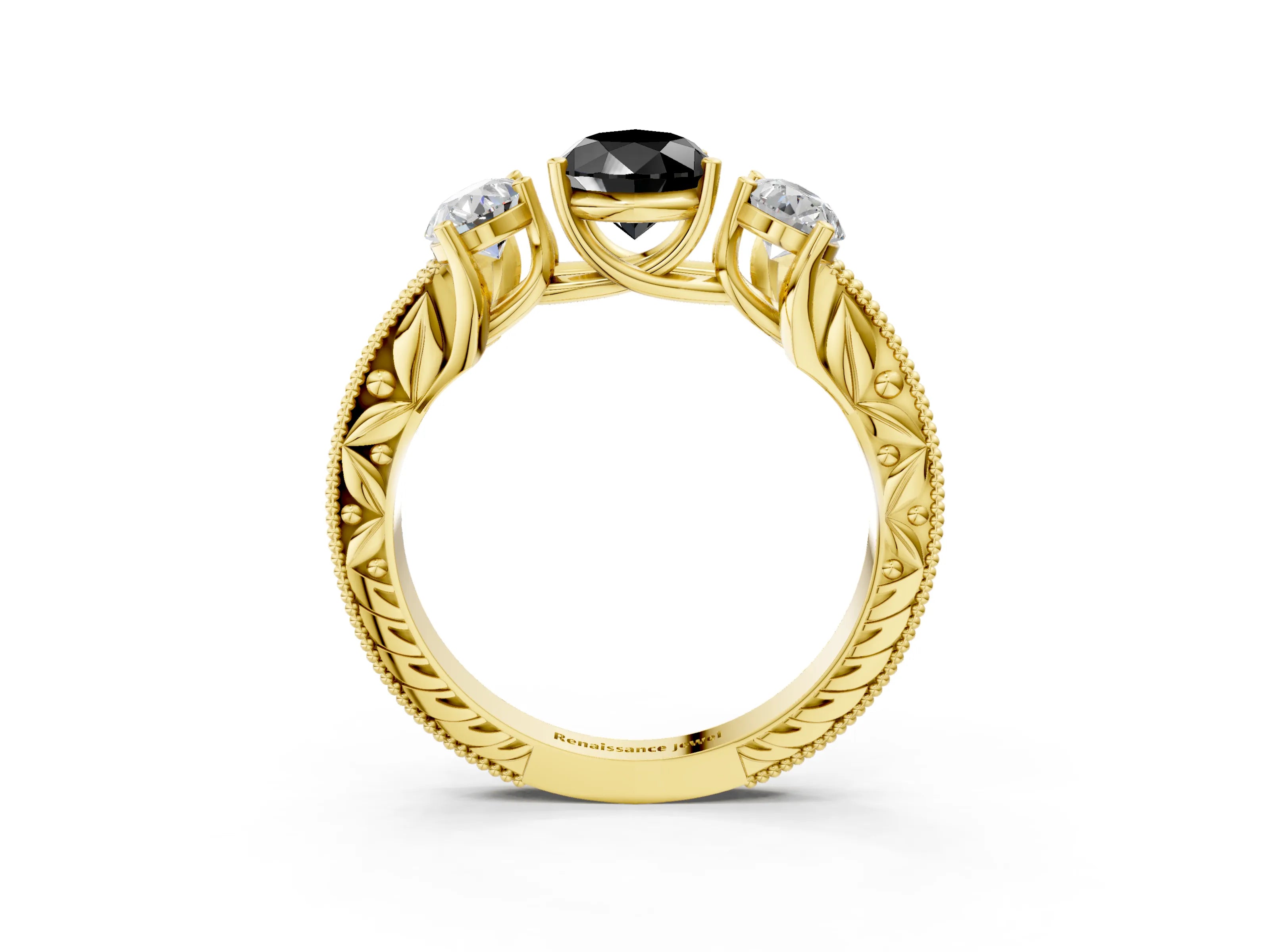 Yellow gold Three-Stone Fancy Black Pear Cut Cut Milgrain Pavé Engagement Ring_3