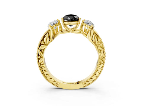Yellow gold Three-Stone Fancy Black Pear Cut Cut Milgrain Pavé Engagement Ring_3