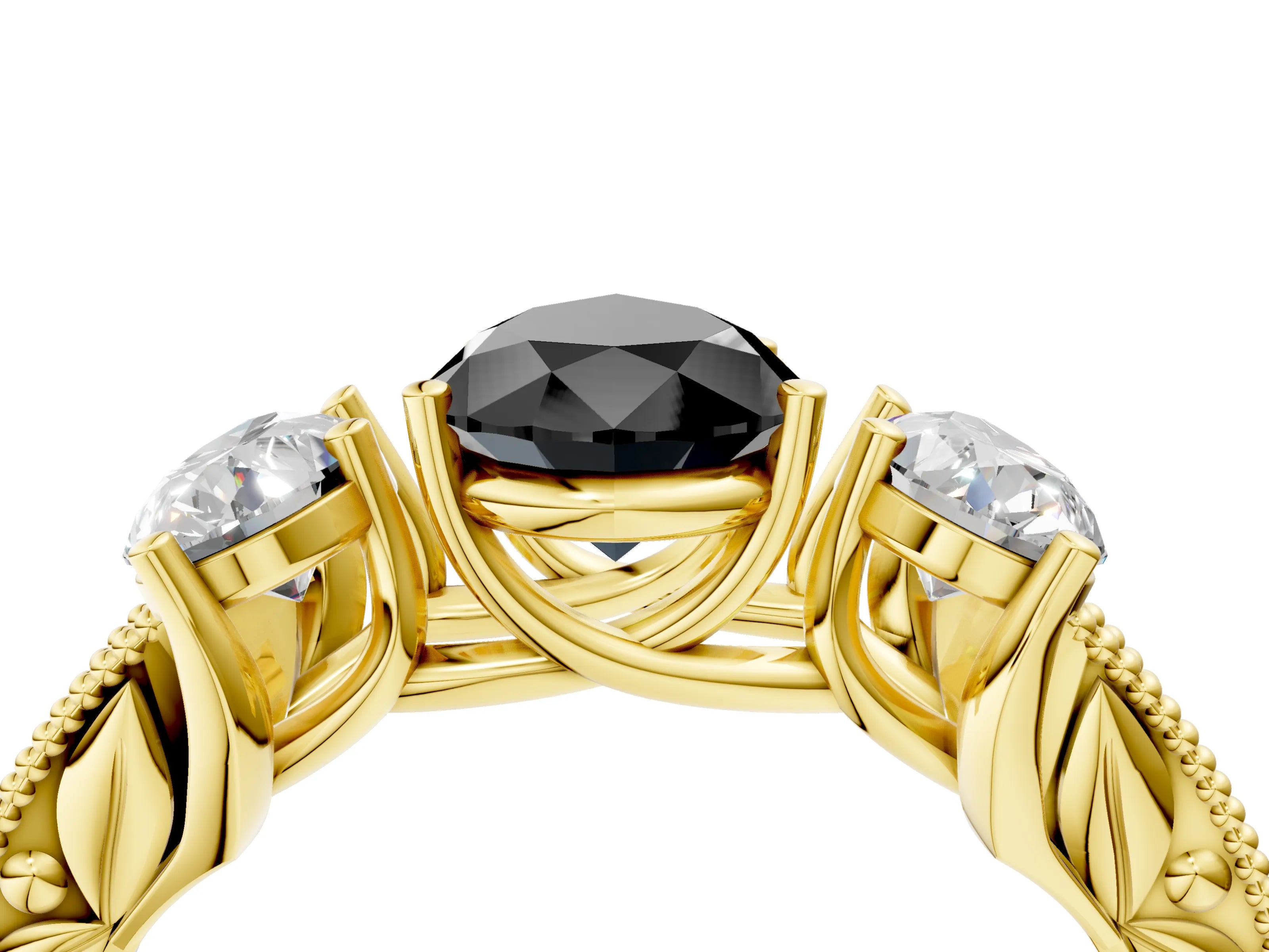Yellow gold Three-Stone Fancy Black Pear Cut Cut Milgrain Pavé Engagement Ring_4