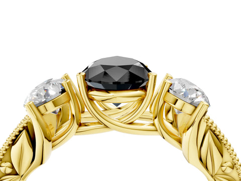 Yellow gold Three-Stone Fancy Black Pear Cut Cut Milgrain Pavé Engagement Ring_4