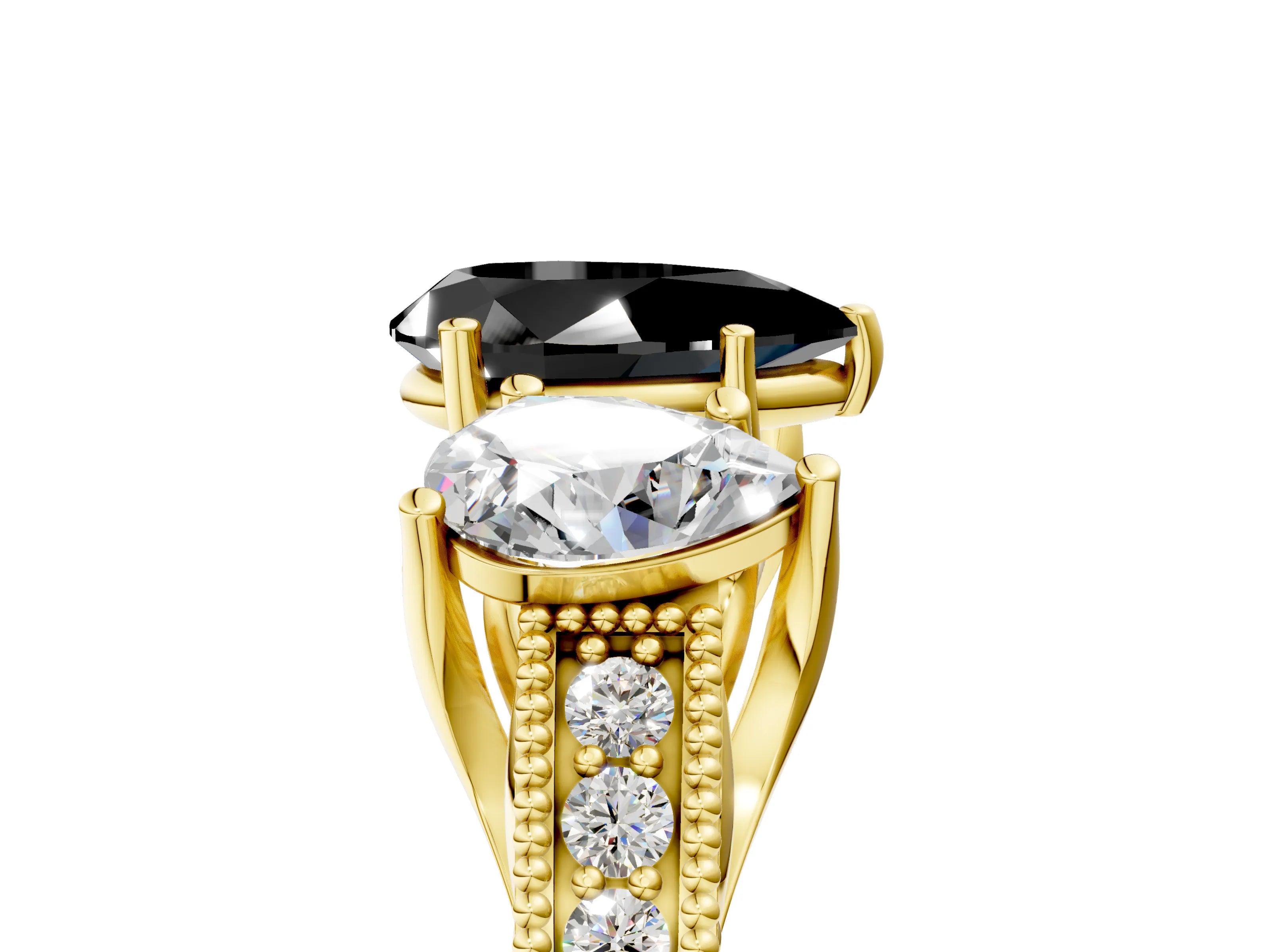 Yellow gold Three-Stone Fancy Black Pear Cut Cut Milgrain Pavé Engagement Ring_5