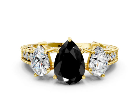 Yellow gold Three-Stone Fancy Black Pear Cut Cut Milgrain Pavé Engagement Ring