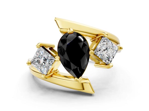 Yellow gold Three-Stone Fancy Black Pear Cut Cut Tension Band Ring with Four-Prong Setting