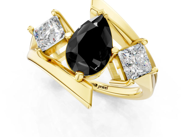 Yellow gold Three-Stone Fancy Black Pear Cut Cut Tension Band Ring with Four-Prong Setting