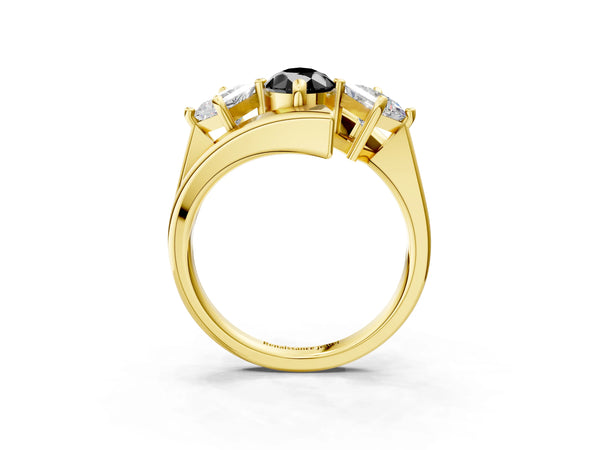 Yellow gold Three-Stone Fancy Black Pear Cut Cut Tension Band Ring with Four-Prong Setting
