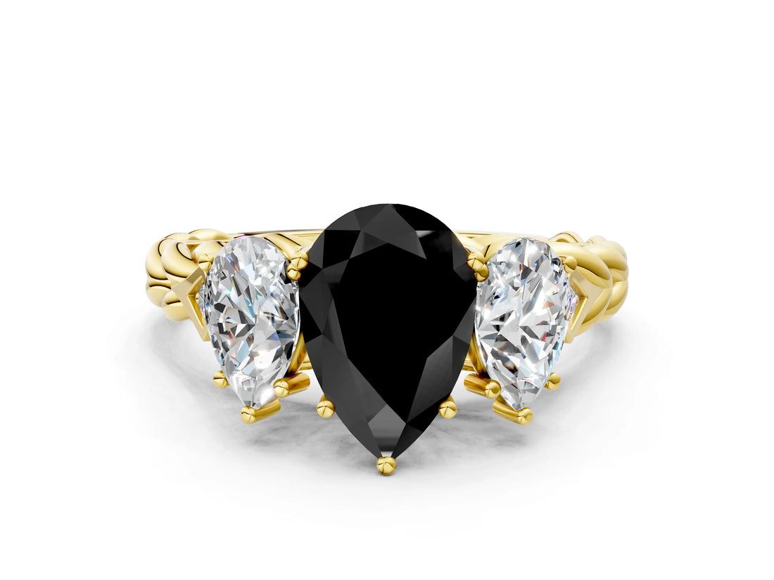 Yellow gold Three-Stone Fancy Black Pear Cut Diamond Braided Band Ring with Four-Prong Setting_12