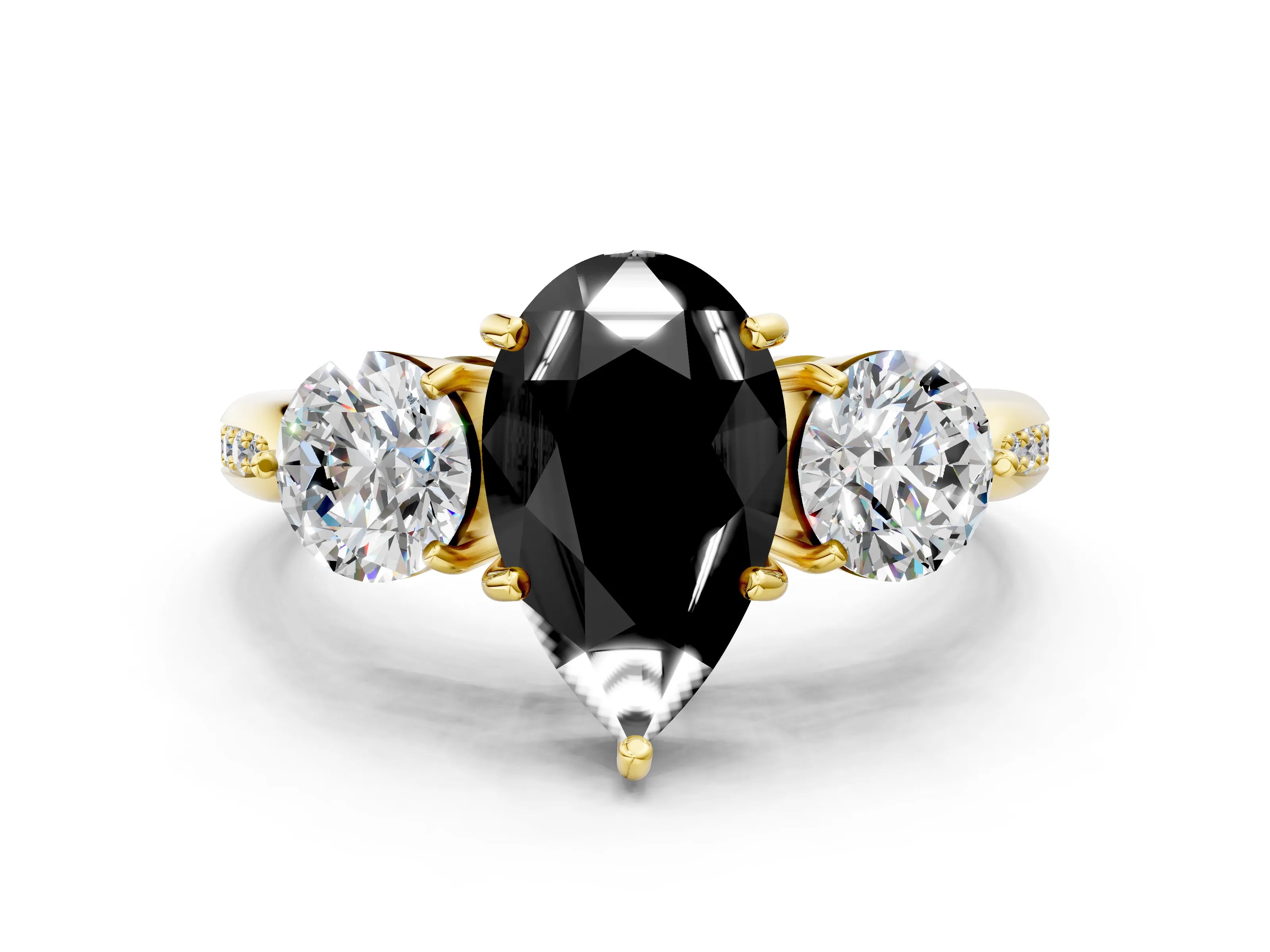 Yellow gold Three-Stone Fancy Black Pear Cut Diamond Channel Set Engagement Ring with Prong Setting