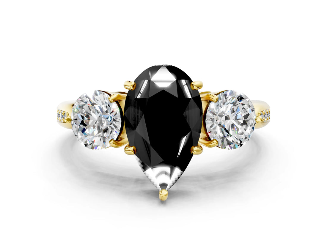 Yellow gold Three-Stone Fancy Black Pear Cut Diamond Channel Set Engagement Ring with Prong Setting