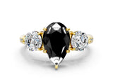 Yellow gold Three-Stone Fancy Black Pear Cut Diamond Channel Set Engagement Ring with Prong Setting