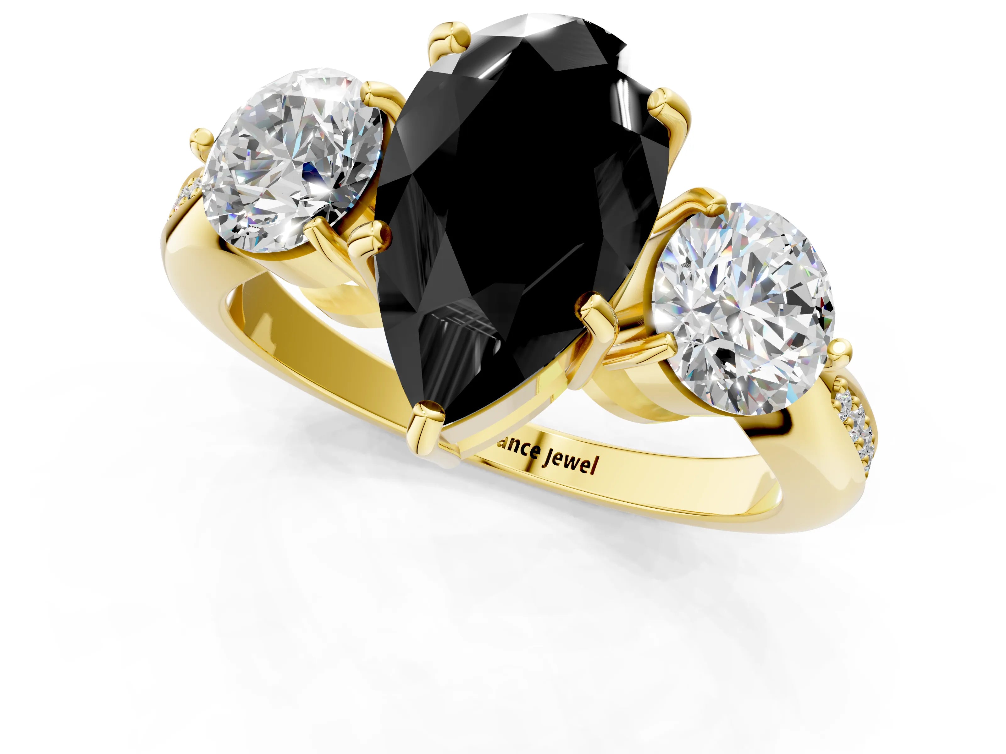Yellow gold Three-Stone Fancy Black Pear Cut Diamond Channel Set Engagement Ring with Prong Setting_1