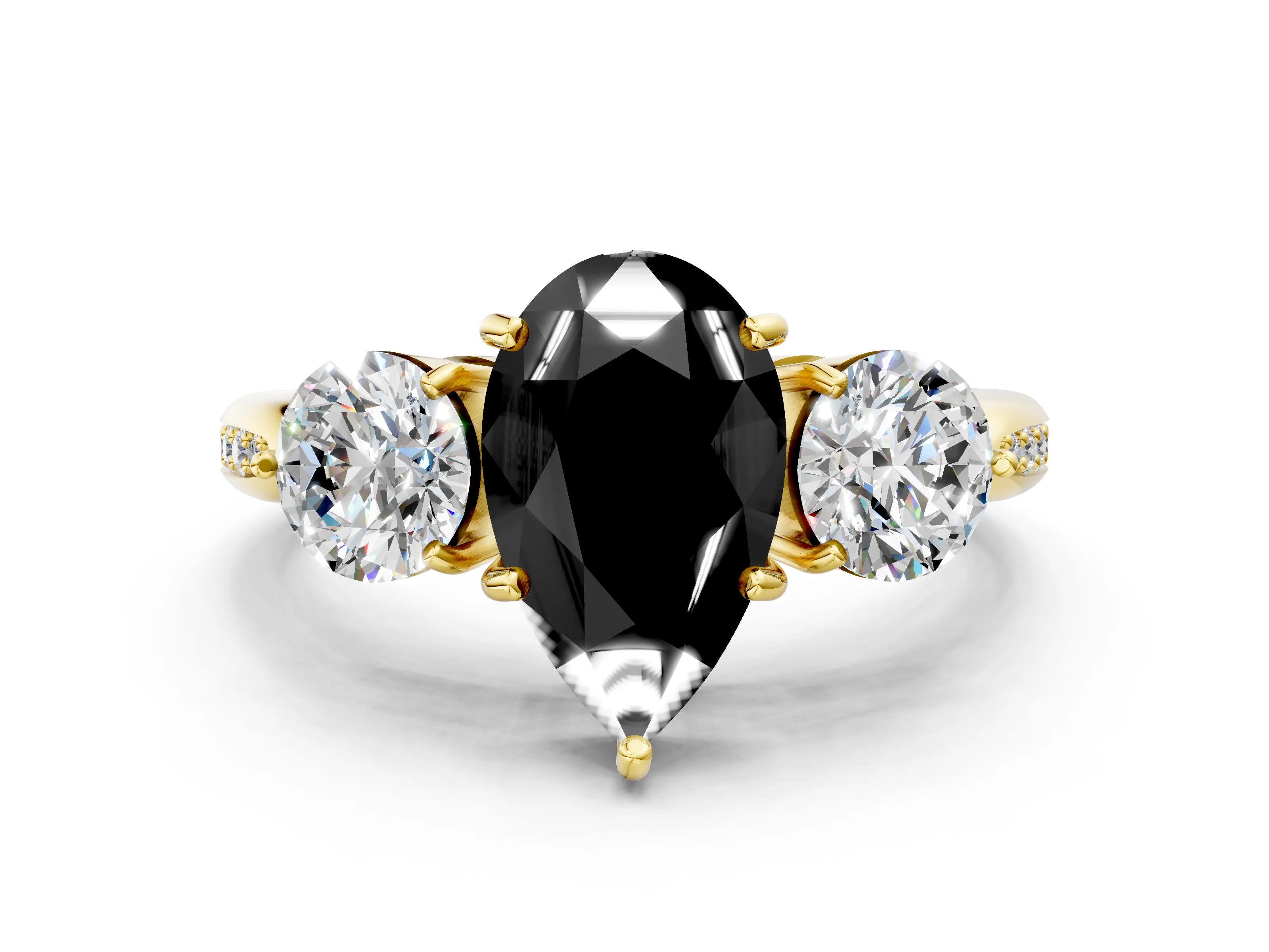 Yellow gold Three-Stone Fancy Black Pear Cut Diamond Channel Set Engagement Ring with Prong Setting_12