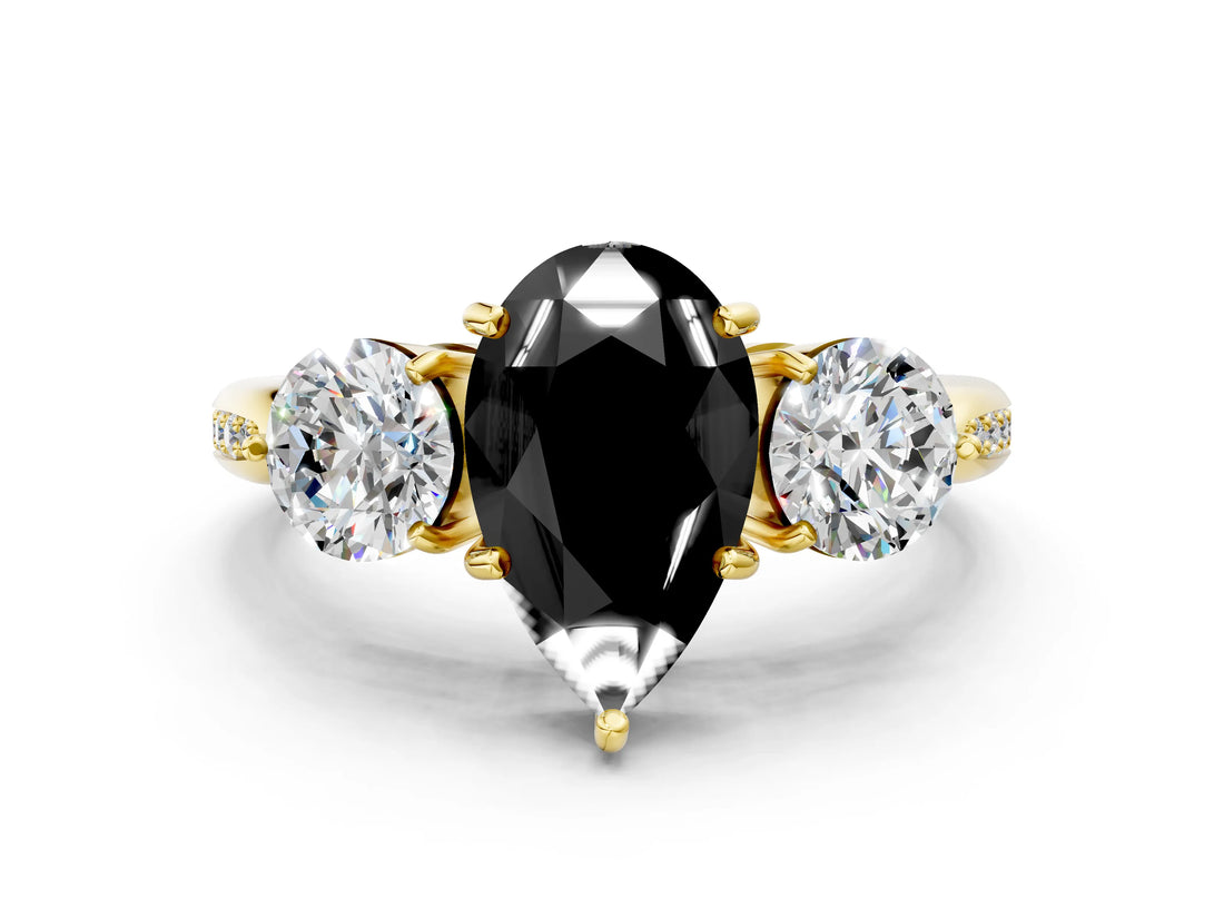Yellow gold Three-Stone Fancy Black Pear Cut Diamond Channel Set Engagement Ring with Prong Setting_12