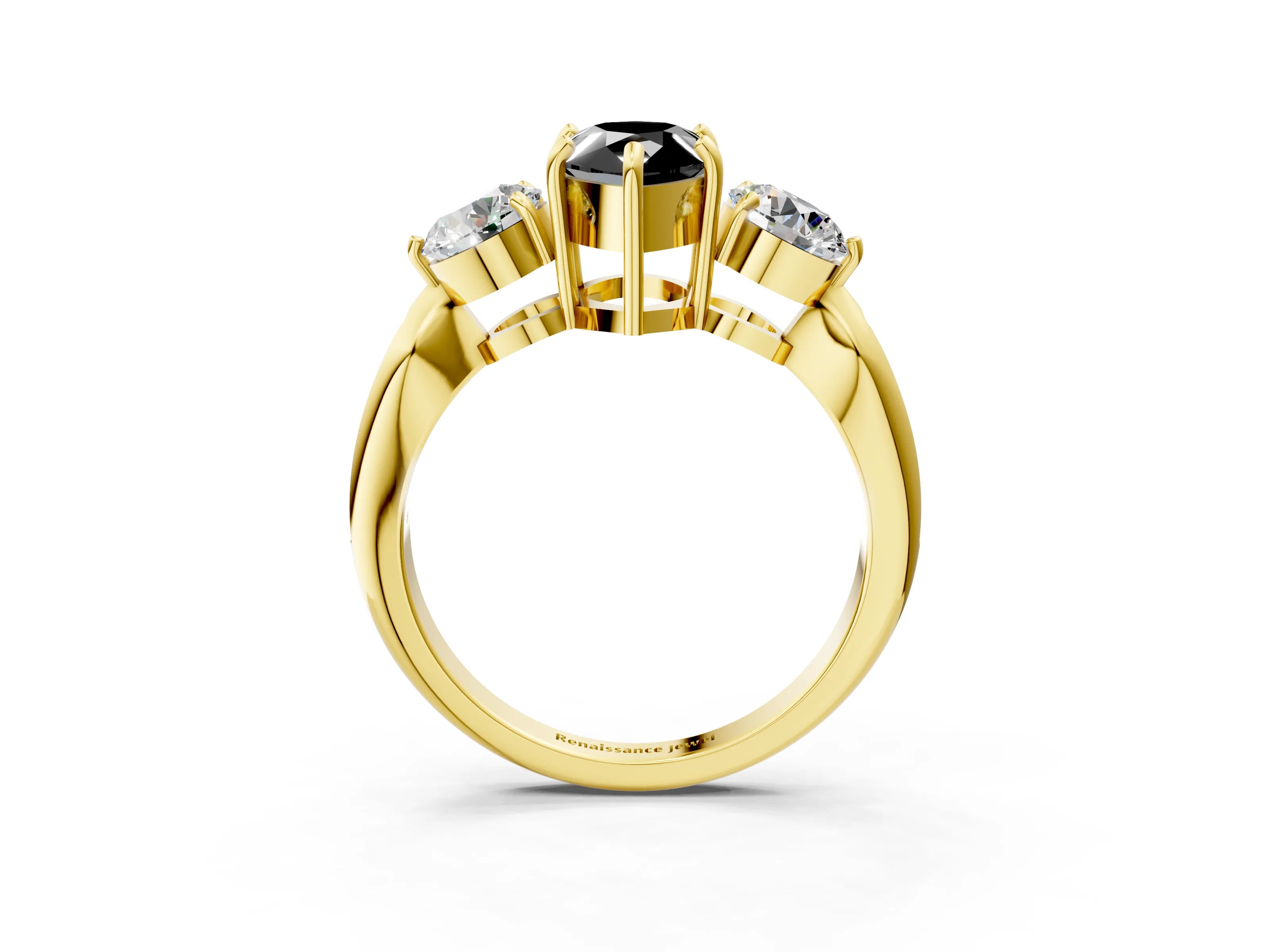 Yellow gold Three-Stone Fancy Black Pear Cut Diamond Channel Set Engagement Ring with Prong Setting_3