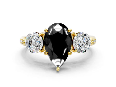 Yellow gold Three-Stone Fancy Black Pear Cut Diamond Channel Set Engagement Ring with Prong Setting