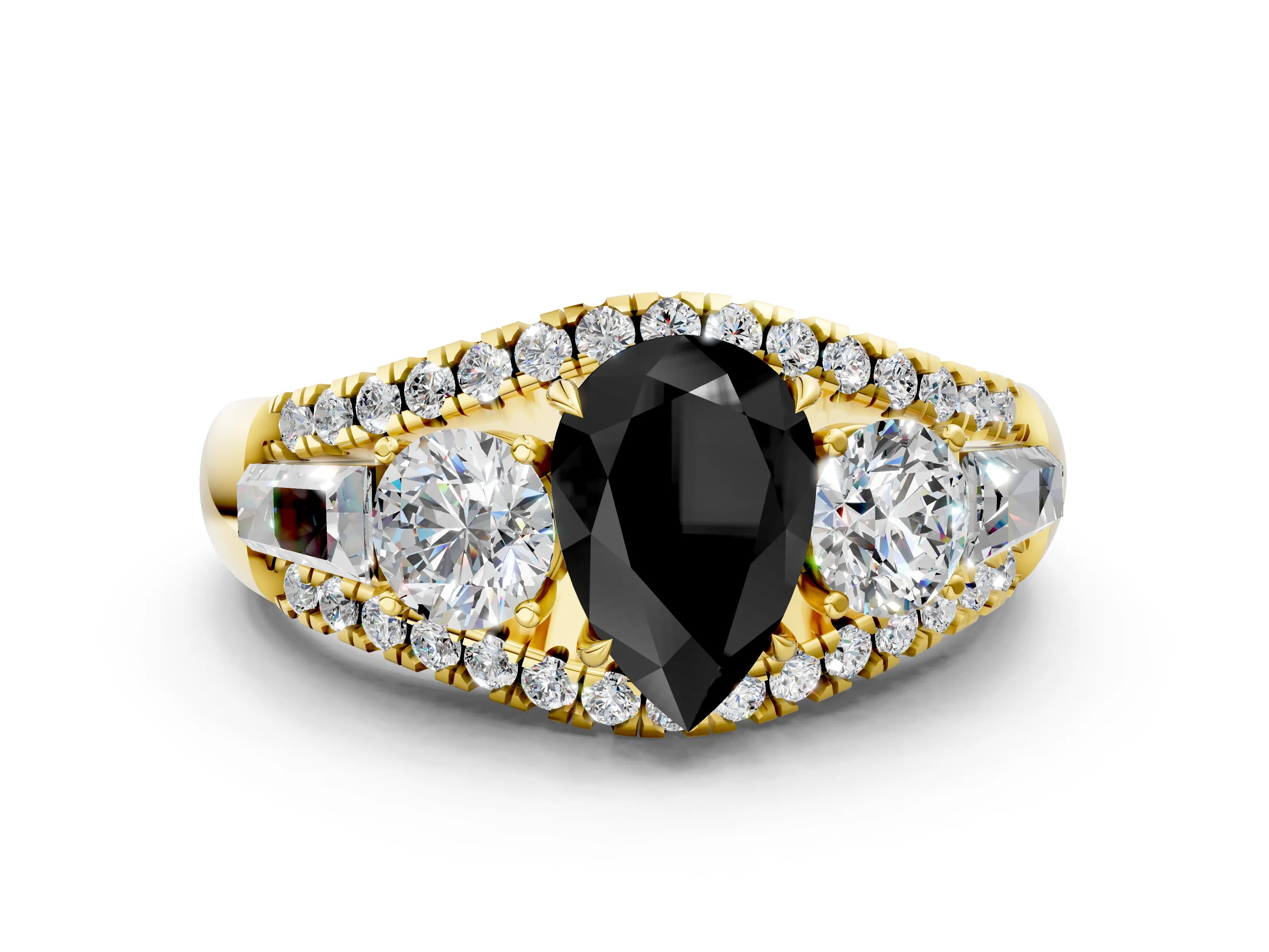 Yellow gold Three-Stone Fancy Black Pear Cut Diamond Engagement Ring with Pave Band and Prong Setting