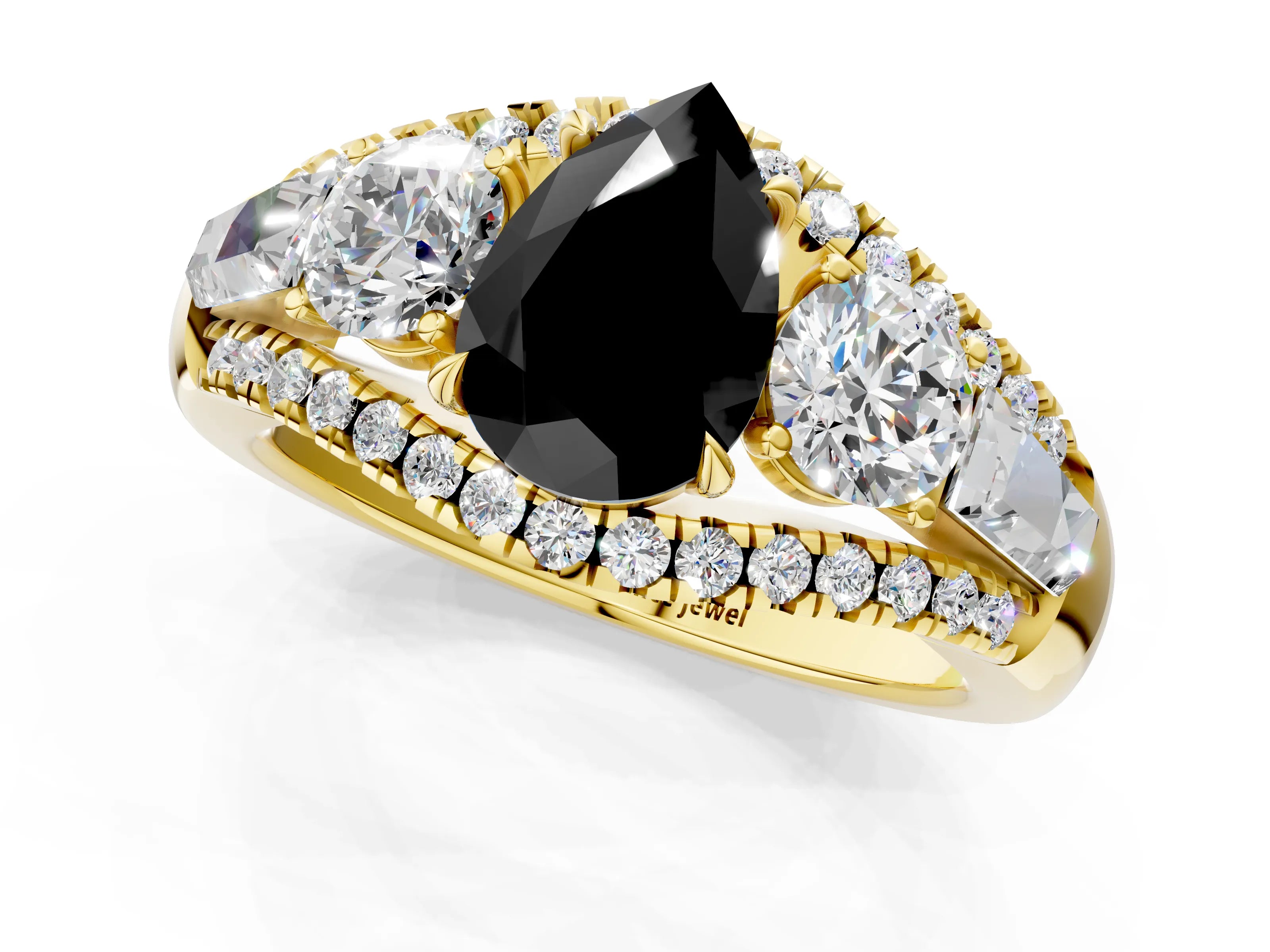 Yellow gold Three-Stone Fancy Black Pear Cut Diamond Engagement Ring with Pave Band and Prong Setting_1