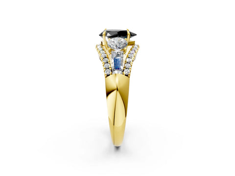 Yellow gold Three-Stone Fancy Black Pear Cut Diamond Engagement Ring with Pave Band and Prong Setting_2