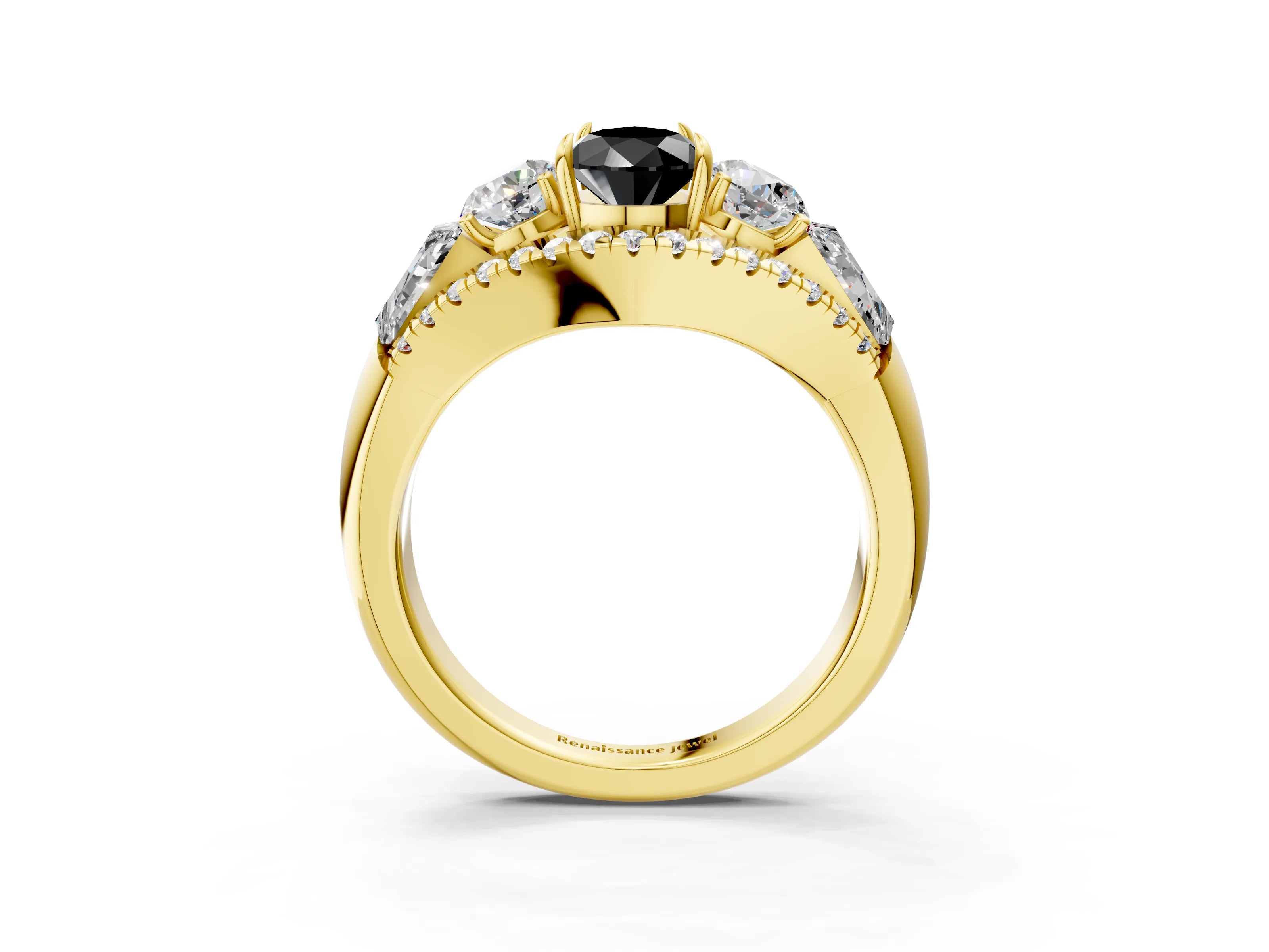 Yellow gold Three-Stone Fancy Black Pear Cut Diamond Engagement Ring with Pave Band and Prong Setting_3