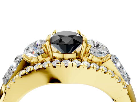 Yellow gold Three-Stone Fancy Black Pear Cut Diamond Engagement Ring with Pave Band and Prong Setting_4